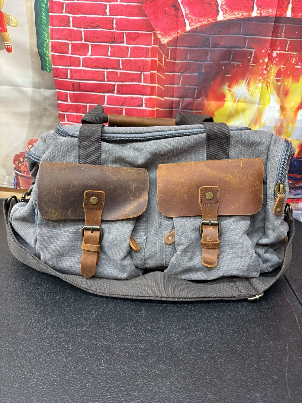 Wowbox Canvas & Leather Men's Messenger Bag - Gray/Brown